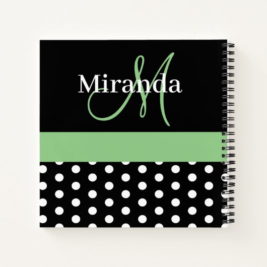 Zwart Wit Groen Monogram Script Polka Dots Notitieboek (Achterkant)
