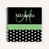 Zwart Wit Groen Monogram Script Polka Dots Notitieboek (Voorkant)