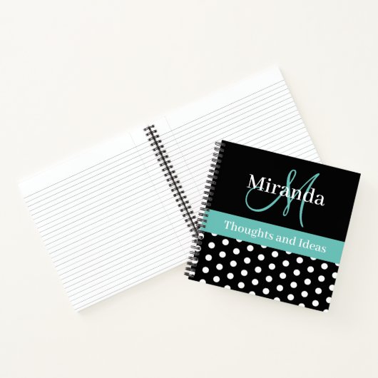 Zwart Wit Groen Monogram Script Polka Dots Notitieboek (Binnen)