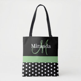 Zwart Wit Groen Monogram Script Polka Dots Tote Bag