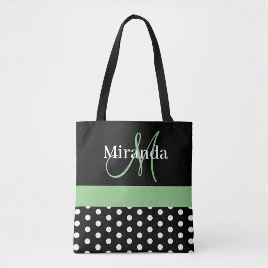 Zwart Wit Groen Monogram Script Polka Dots Tote Bag (Voorkant)