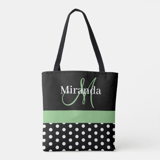 Zwart Wit Groen Monogram Script Polka Dots Tote Bag (Achterkant)