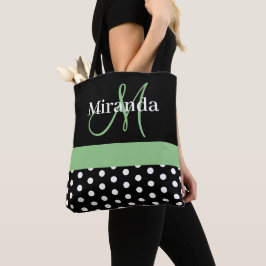 Zwart Wit Groen Monogram Script Polka Dots Tote Bag