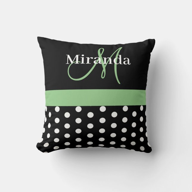 Zwart Wit Groen Monogram Script Stippen Kussen (Voorkant)
