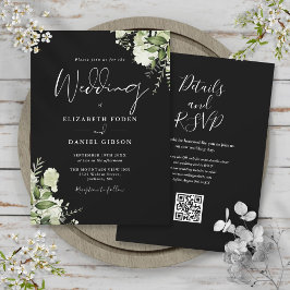 Zwart-Wit Groene Bloemen QR Code Huwelijk Kaart
