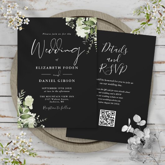 Zwart-Wit Groene Bloemen QR Code Huwelijk Kaart