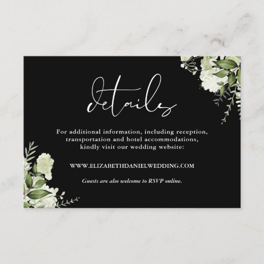 Zwart-Wit Groene Bloemige Trouwdetails Informatiekaartje (Voorkant)