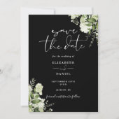 Zwart-Wit Groene Bloemrijke QR Code Trouwkaart Save The Date (Voorkant)