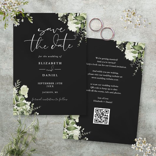 Zwart-Wit Groene Bloemrijke QR Code Trouwkaart Save The Date