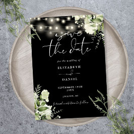 Zwart-Wit Groene Slingerlichten Bruiloft Save The Date