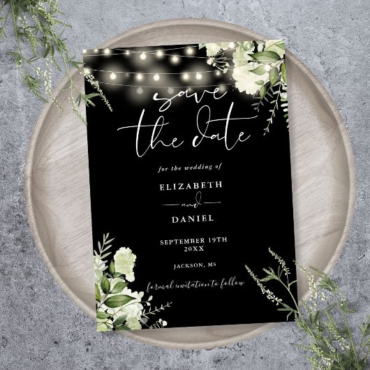 Zwart-Wit Groene Slingerlichten Bruiloft Save The Date