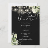 Zwart-Wit Groene Slingerlichten Bruiloft Save The Date (Voorkant)