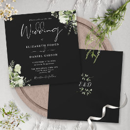 Zwart Wit Groenery Monogram Vierkant Trouwfeest Kaart