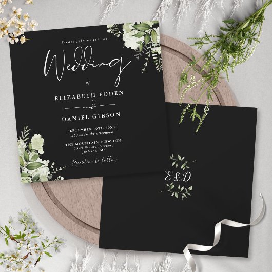 Zwart Wit Groenery Monogram Vierkant Trouwfeest Kaart