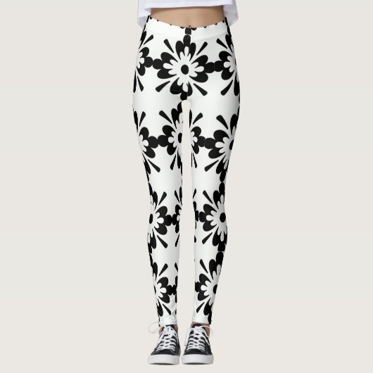 Zwart-wit groot bloemmotief leggings (Voorkant)