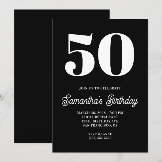 Zwart-wit Groot Nummer 50e Verjaardag Kaart (Voorkant / Achterkant)