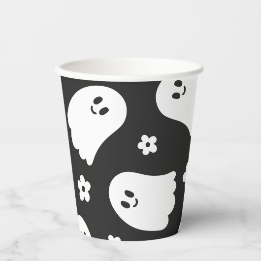 Zwart-wit Groovy Ghost en Bloemen Papieren beker (Voorkant)