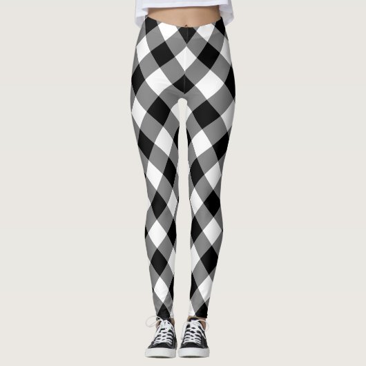 Zwart-wit Grote Grootte Diagonal Gingham Checks Leggings (Voorkant)
