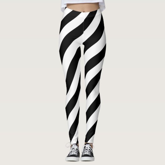 Zwart-wit Grote Grootte Diagonale Strepen Leggings (Voorkant)
