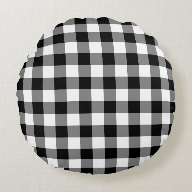 Zwart-wit Grote Grootte Gingham Checks Rond Kussen (Voorkant)