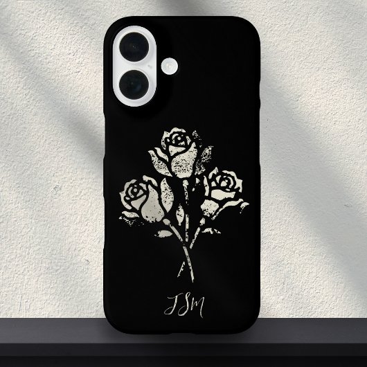 Zwart-Wit Grunge Stempel Rozen Initialen Case-Mate iPhone Case
