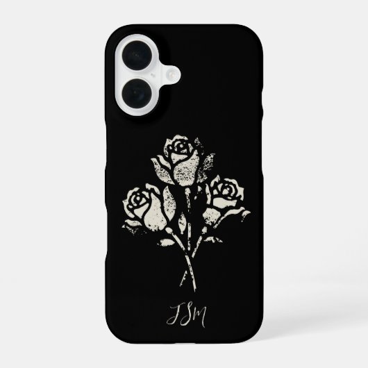 Zwart-Wit Grunge Stempel Rozen Initialen iPhone 16 Hoesje (Achterkant)