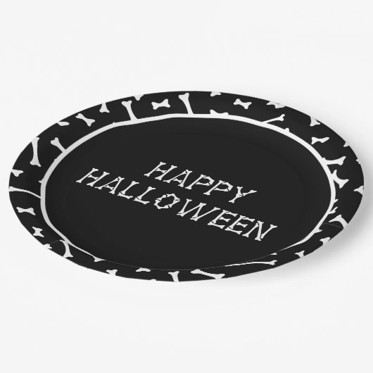 Zwart-wit Halloween Botten & vleermuispatroon Papieren Bordje (Gekanteld)