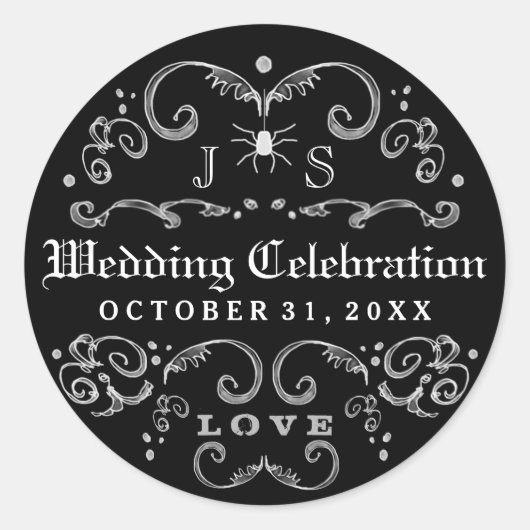 Zwart & Wit Halloween Bruiloft Viering Gotisch Ronde Sticker (Voorkant)