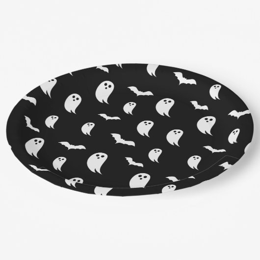 Zwart-wit Halloween Ghost- en vleermuispatroon Papieren Bordje (Gekanteld)
