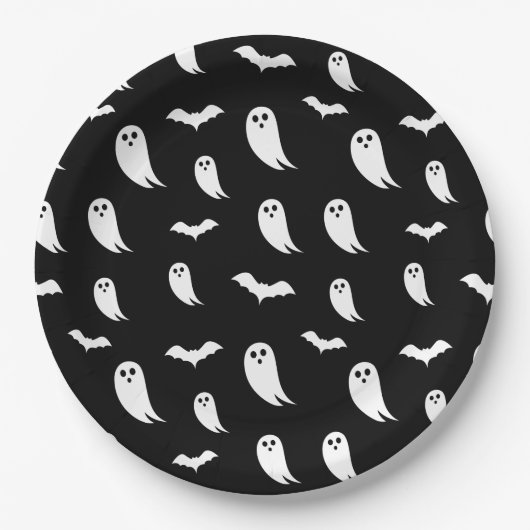 Zwart-wit Halloween Ghost- en vleermuispatroon Papieren Bordje (Voorkant)
