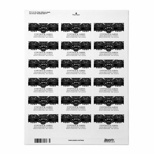 Zwart Wit Halloween Kant Bruiloft LIEFDE Adres Etiket (Full Sheet)