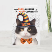 Zwart Wit Halloween Kat PURRanormal MEOWolween Feestdagen Kaart (Voorkant)