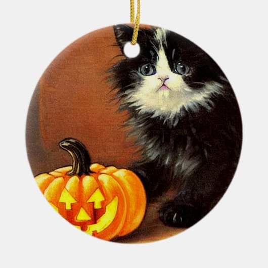 zwart-wit Halloween Kitten Keramisch Ornament (Voorkant)