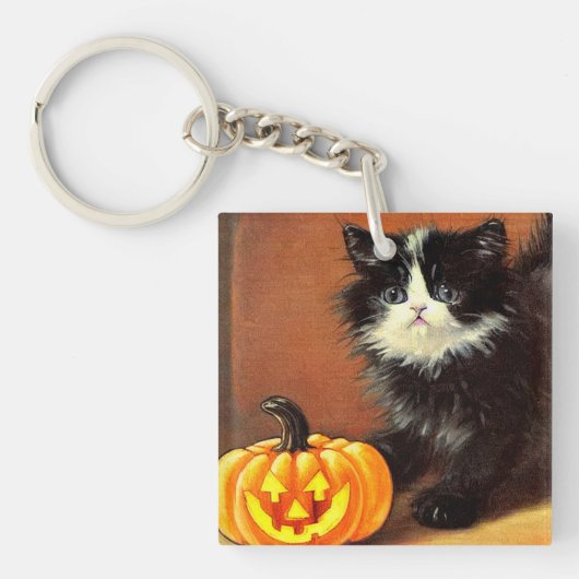zwart-wit Halloween Kitten Sleutelhanger (Voorkant)