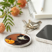  zwart-wit Halloween Kitten Sleutelhanger (Zijkant)