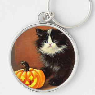zwart-wit Halloween Kitten Sleutelhanger