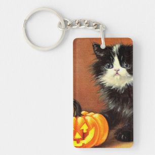  zwart-wit Halloween Kitten Sleutelhanger