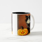  zwart-wit Halloween Kitten Tweekleurige Koffiemok (Voorkant rechts)