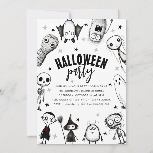 Zwart-wit Halloween Party Kaart (Voorkant)