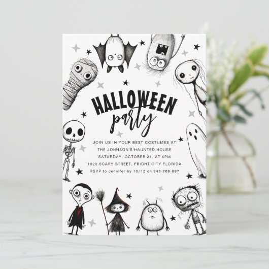 Zwart-wit Halloween Party Kaart (Staand voorkant)