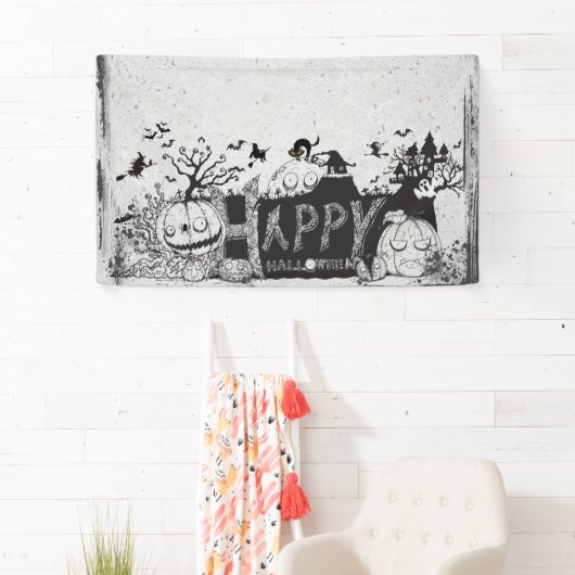 Zwart-wit Halloween Party Spandoek (Insitu)