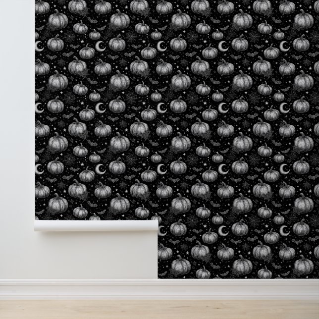 Zwart-wit Halloween Pompoen, Vleermuis, Spiderweb Behang (Applicatie)