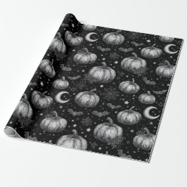 Zwart-wit Halloween Pompoen, Vleermuis, Spiderweb Cadeaupapier