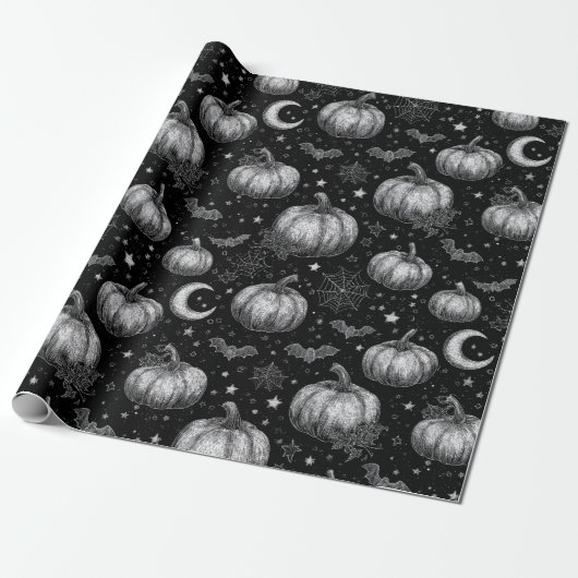 Zwart-wit Halloween Pompoen, Vleermuis, Spiderweb Cadeaupapier (Uitgerold)