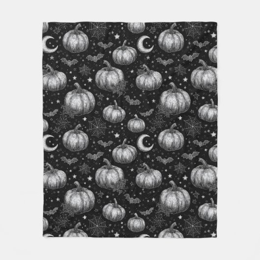 Zwart-wit Halloween Pompoen, Vleermuis, Spiderweb Fleece Deken (Voorkant)