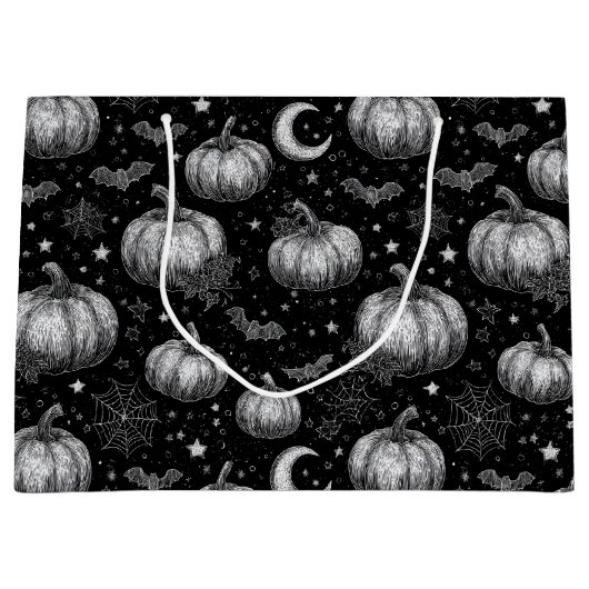 Zwart-wit Halloween Pompoen, Vleermuis, Spiderweb Groot Cadeauzakje (Voorkant)
