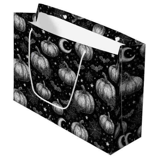 Zwart-wit Halloween Pompoen, Vleermuis, Spiderweb Groot Cadeauzakje (Voorkant Gekanteld)