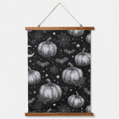 Zwart-wit Halloween Pompoen, Vleermuis, Spiderweb Hangend Wandkleed (Voorkant)