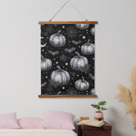 Zwart-wit Halloween Pompoen, Vleermuis, Spiderweb Hangend Wandkleed