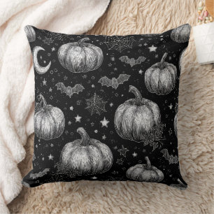 Zwart-wit Halloween Pompoen, Vleermuis, Spiderweb Kussen